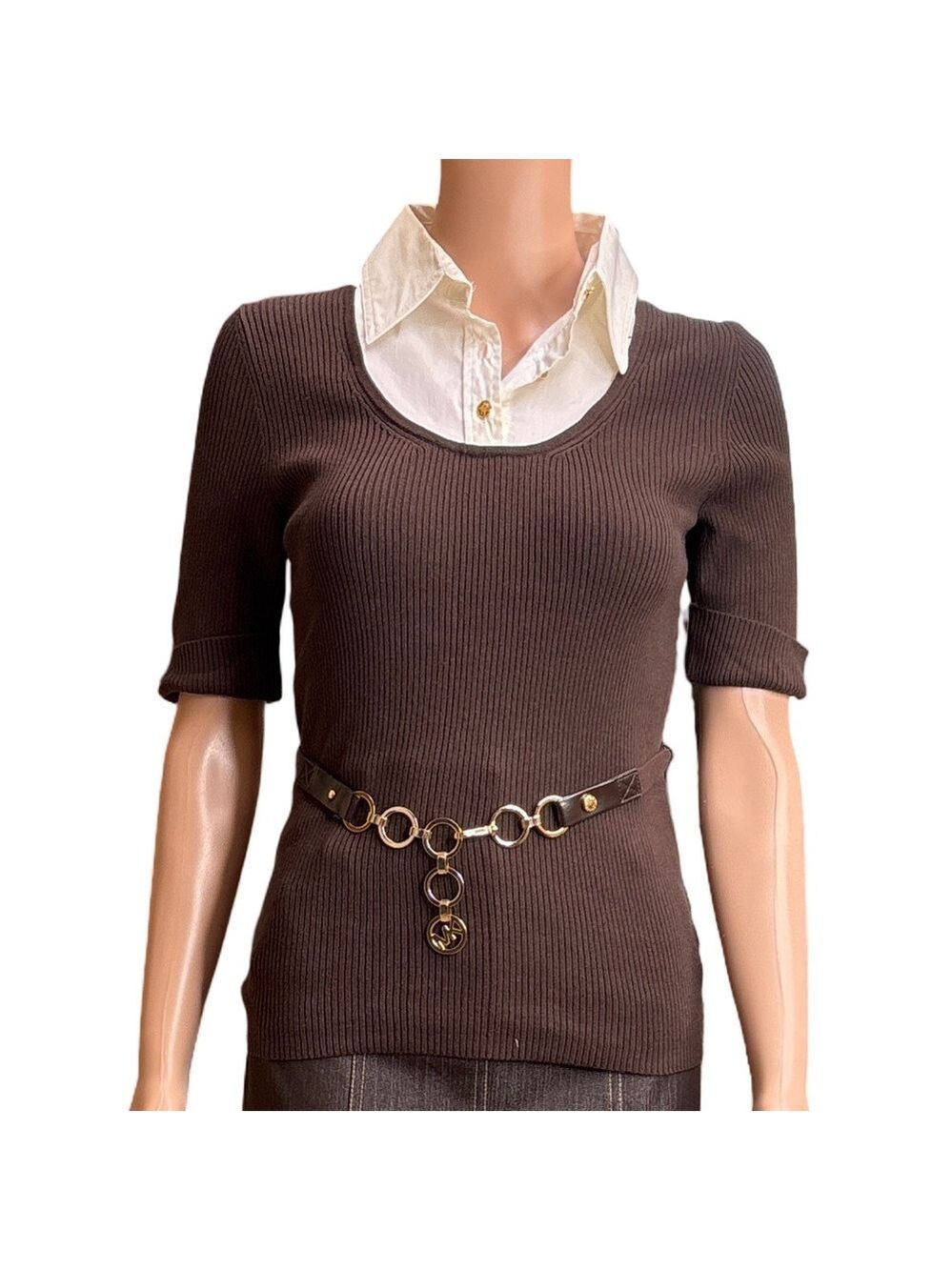 Michael Kors  Brown Short Sleeve Women's Ribbed Top With Collar Small NWT